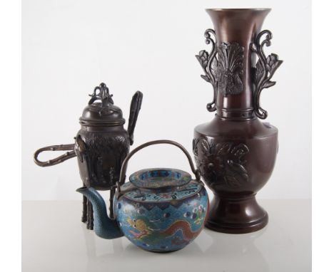 Chinese bronze vase with twin handles, 30cm, a bronze censor, and a cloisonne teapot.