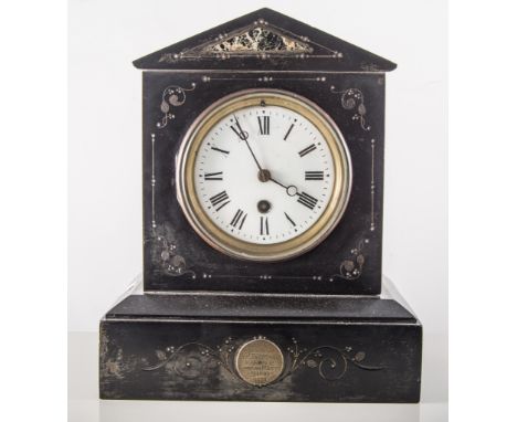 Belge Noir marble presentation mantle clock, triangular pediment, white enamelled dial, French cylinder movement, engraved pl