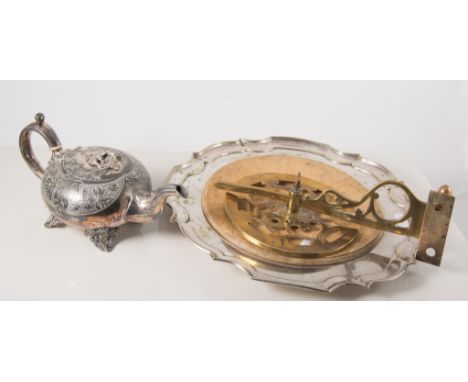 Electroplated serving dish with piecrust edge and wooden centre, Britannia metal teapot, etc. 
