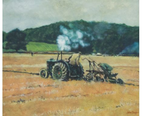John Troup, 'Tractor and Plough', signed, oil on board, 38cm x 48cm.