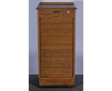 Light oak timber-front filing cabinet enclosing slides, width 49cm.