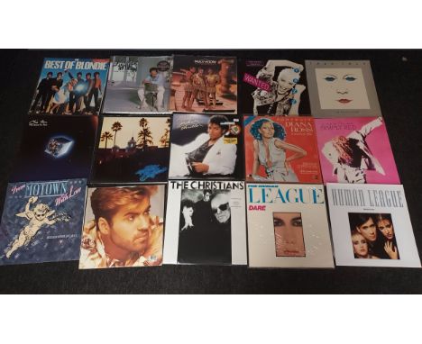 A box of various records to include; Pink Floyd, Bee Gee's, Eagles, Simple Minds, UB40, Spandau Ballet, Pretenders, Genesis, 