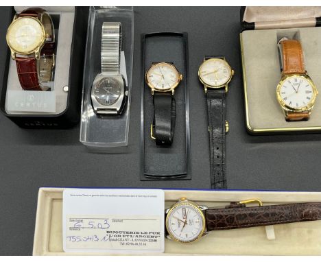 Six various gents vintage wrist watches:HAMILTON - A gentleman's stainless steel wristwatch Grey brushed dial with sweep seco