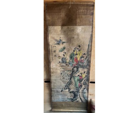 A Chinese block print wall hanger, depicting various figures and deity scene. [172x62cm] 