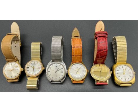 Six gents vintage watches: WALTHAM – A gentleman's gilt cased wristwatch, Thin-0-matic, sweep second hand, date, leather stra