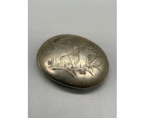 Antique plated snuff box in the shape of a military beret hat, engraved with a stag and thistles, 1919 and S. Ogilvie. [8.5cm