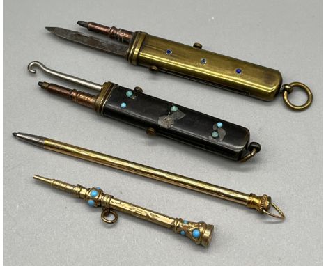 Four antique pencils, One possibly gold- detailed with turquoise stone design, Two have additional attachments- fruit knife a