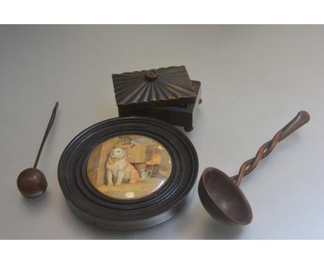 A 19thc pomade lid with transfer printed and enamel decoration, Low Life, in circular moulded frame, a treen whalebone handle