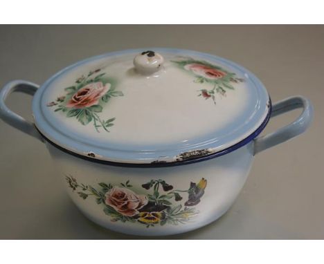 A Continental white enamelled and blue bordered two handled dish and cover with enamelled rose and pansy sprays (h.16cm d.27c
