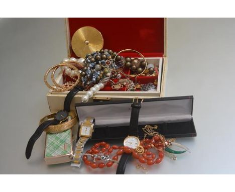 A jewellery box containing miscellaneous costume jewellery including paste pearls, a gentleman's Accurist watch, two other wa