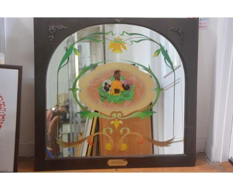 A mahogany arched framed pub mirror handpainted in Art Nouveau style,  with reverse painted panel, Viola Trio Olor, ex Smiddy