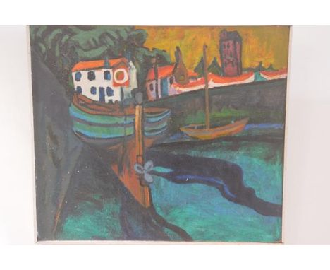 M Bayne, Dundee, Harbour Basin Dysart, oil on panel, inscribed verso (60cm x 68cm)