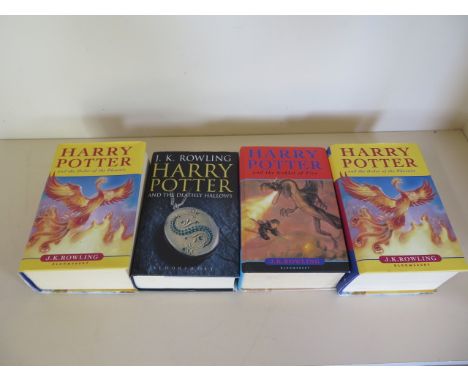 Four First Edition Harry Potter hard back books, by J K Rowling, Bloomsbury, Order of the Phoenix x 2, Deathly Hallows, Goble