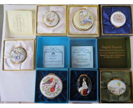Five enamel boxes by Crummles and two Bilston enamel boxes, Halcyon Days, all boxed good condition 