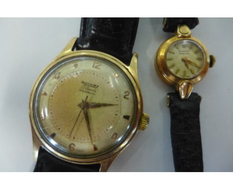 A Gents Rotary 9ct gold wristwatch with inscription on Reverse, hallmarked , Dennison case, 17 jewel movement, running, some 