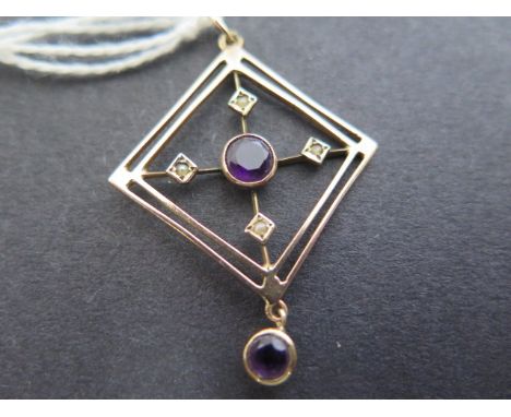 A 9ct gold amethyst and seed pearl geometric style pendant, weight approx 2 grams, total length 4.5cm, in good order, stones 