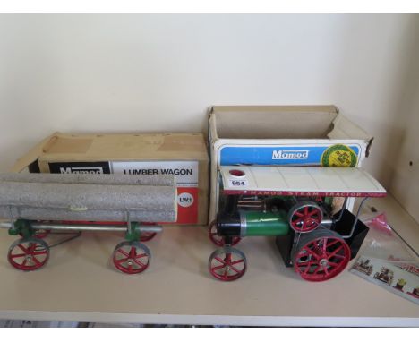 A Mamod T.E.a1 steam engine with a LW.1 lumber wagon, both boxed 