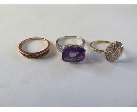 Three 9ct gold rings, amethyst, red diamond and white diamond, sizes M O P, total weight approx 6.2 grams, all with certifica