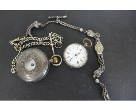 A gents silver half hunter and a ladies 800 silver fob watch, neither watch running, also a ladies silver Albertina, and anot