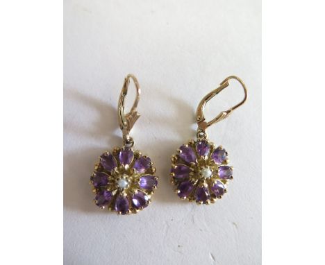 A pretty pair of 9ct gold amethyst and seed pearl flower shape cluster drop earrings, diameter 15mm, weight 5.3 grams 