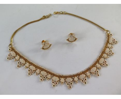 A 22ct gold pearl and multi gem necklace and matching earrings, necklace 41cm long, approx 33 grams, generally good condition