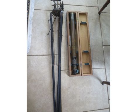 A ross of London brass naval spotting telescope, no 43840 - with box and tripod stand, box length 84cm 