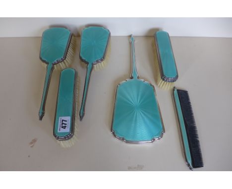 A silver and enamel six piece dressing table set, London 1934 - Mappin Webb Bros, generally good, some wear, enamel damaged t