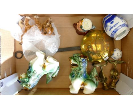 Mixed tray collection ceramics &amp; brass:  Including Continental lion cub, brass &amp; steel chestnut roaster, Indian brass