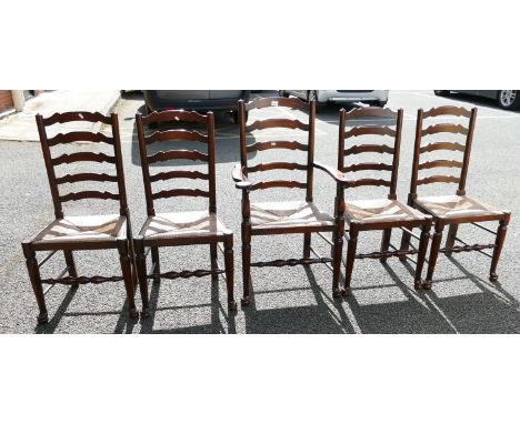 Good Quality Oak Reproduction Ladder-back Rush Seated Chairs: 4 dinning chair &amp; 1 carver(5) 