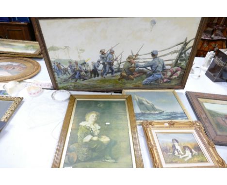 A collection of framed items to include: Oil on Canvas large American History framed item, Holloway signed oil of spaniels. P