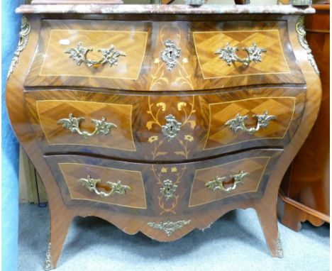 Quality Reproduction French Louis XV Marble-Top Bombe Chest or Commode: height 79cm, depth 49cm and width at widest 89cm 