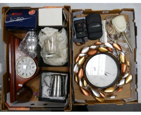 A mixed collection of items to include: Pewter Tankards, Glass Tankards, 35mm Camera, Mantle clock,  decorative wall clock et