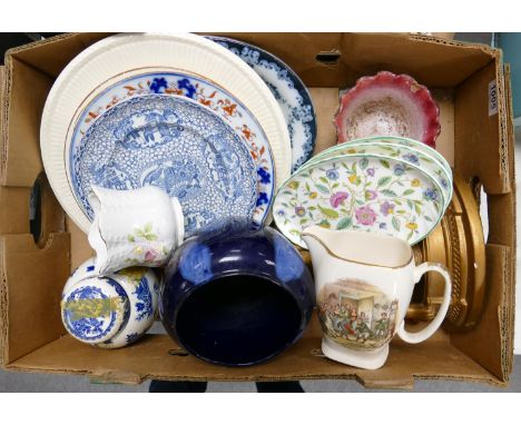 A mixed collection of items to include: Minton seconds Haddon Hall patterned dishes, Fishing theme water jug, Cherub theme wa