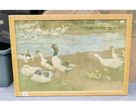 1940's  Continental Chromollithograph Original Print of Geese on a Pond: mounted in original frame, 64 x90cm 