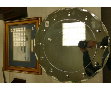 Art Deco Circular Wall Mirror: together with Naval Theme print: diameter of mirror 51cm(2) 