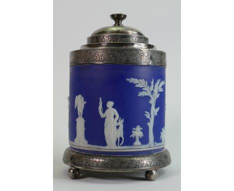 Wedgwood Dipped Blue Jasperware Tea Caddy with silver plated floral decorated fittings and base, internal hairline to body, h