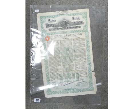 Roumania Bond / Share Certificate £100 Bond 4%: 