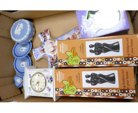 A mixed collection of items to include: Wedgwood Jasperware, Boxed ceramic ornaments, Disney Alarm Clock etc 