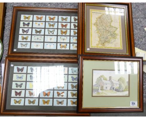 A collection of Framed items to include: Wills cigarette cards, hand colored map print &amp; small water color signed J A Dur