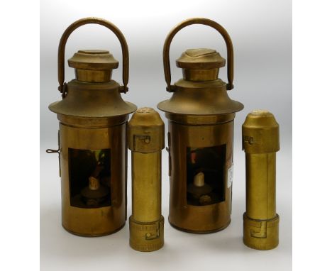Pair early 20th century brass nautical  lanterns with swing handles: ceramic burner stamped 'Barton's Trademark', together wi