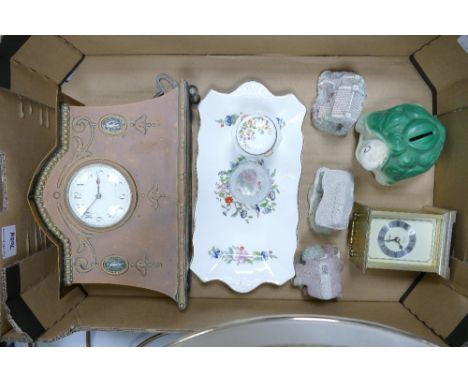 A mixed collection of items to include: Continental Copper Mantle Clock, Brass carriage clock, Aynsley Cottage Garden items e