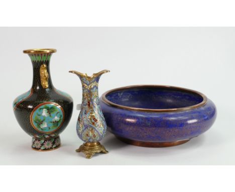 Cloisonne Enamel Items to include: Squat Bowl, small temple jar &amp; similar smaller item, height of vase 14cm(3) 