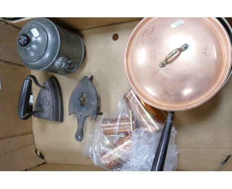 A mixed collection of items to include: Copper Kitchen Pan &amp; measures, Pewter Tea Caddy, Antique Iron &amp; Stand etc 