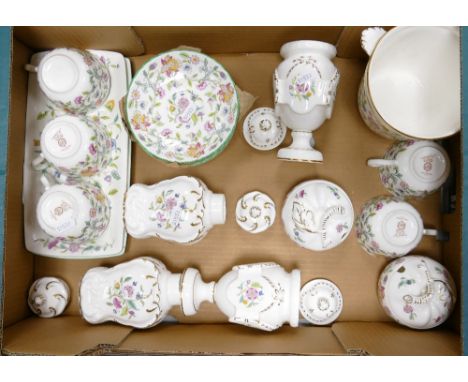 A collection of Minton Haddon Hall patterned items to include: cups &amp; saucers, lidded pots, small planter, trays etc 