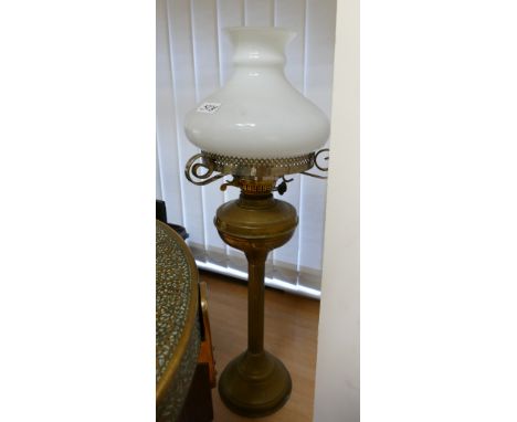 Brass Table Top Oil Lamp: with white shade, height 69cm 