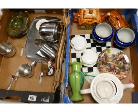 A mixed collection of items to include: Cottage Ware Teapot, Enameled Chess theme tile, Studio Glass vase, Stainless Steel it