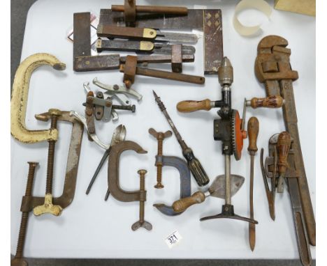 A mixed collection of wood working tools including G Cramps, Set Squares, Scribes, Monkey Wrench etc 