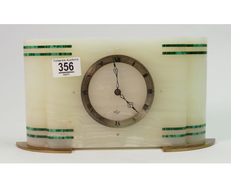 Onyx &amp; Malachite Art Deco style Elliott mantle clock; Manual wind 29.75cm wide. Brass feet. 