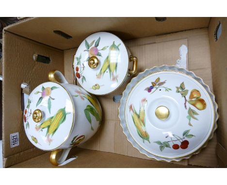 A collection of Royal Worcester Evesham pattern items to include: biscuit barrel,flan dish, lidded bowl &amp; worn tureen 