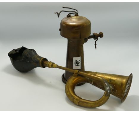 Lucas King Of The Road Electric Brass Car Horn: ( split to rear casing) together with un branded brass manual horn(2) 